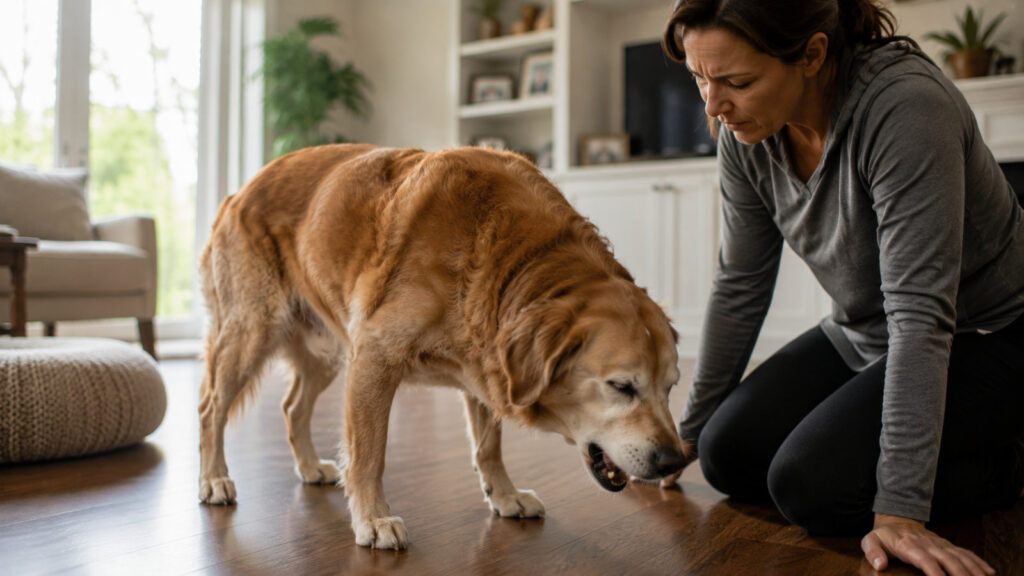 Dog coughing at home with a concerned owner nearby