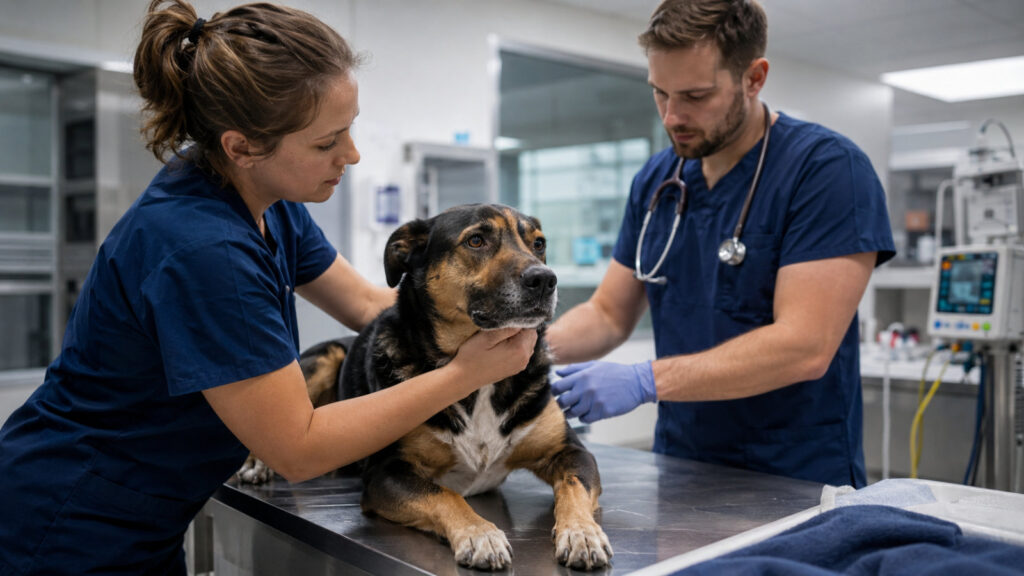 Dog receiving emergency care at the veterinary clinic