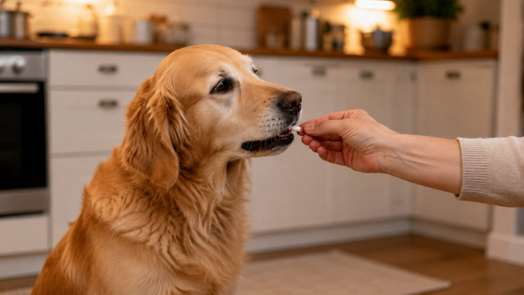 Giving a dog its heart medication at home