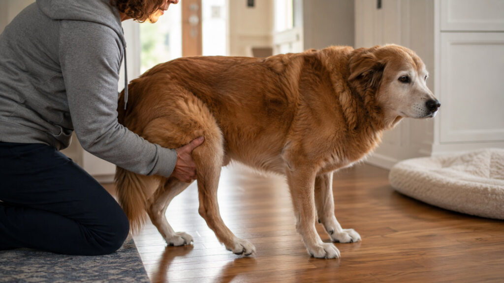 Owner helping a weak senior dog stand at home