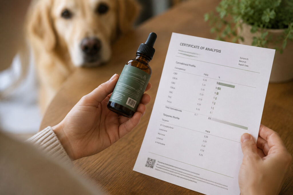 pet owner checking a CBD product label and certificate of analysis