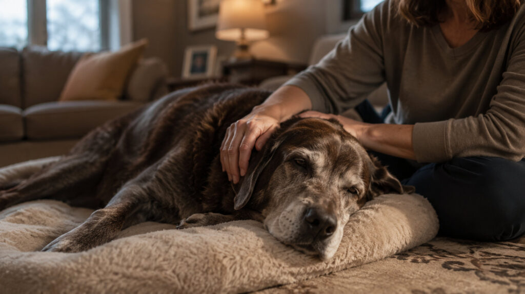Senior dog resting peacefully with a gentle hand on its head