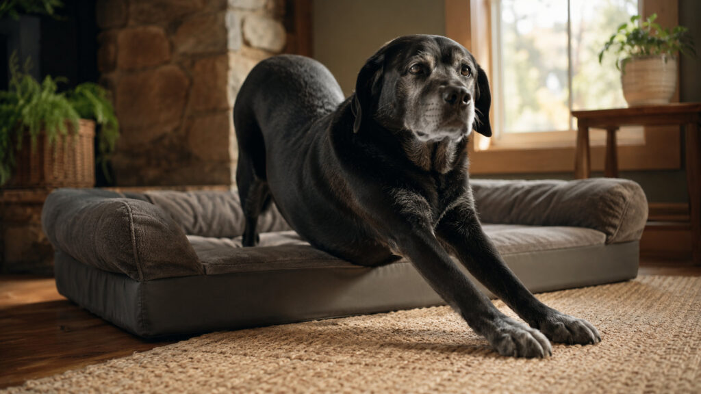 Senior dog rising comfortably from an orthopedic dog bed