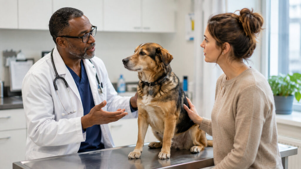Veterinarian discussing care with a dog owner during an exam