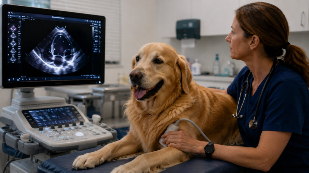 Veterinarian reviewing a dog's heart ultrasound