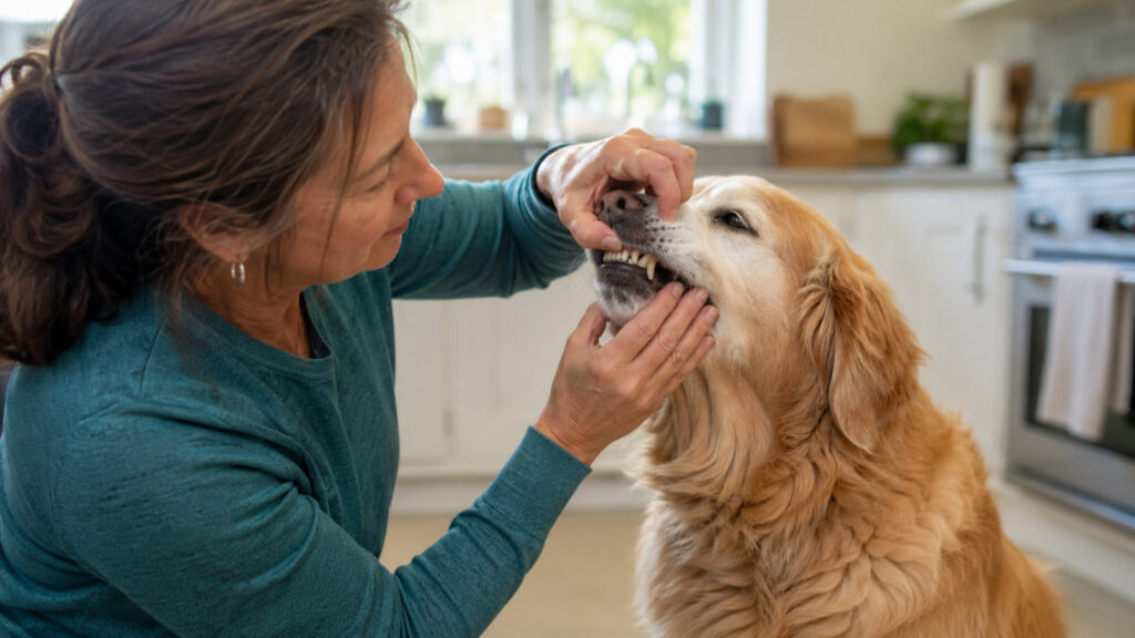 checking an older dog's teeth at home