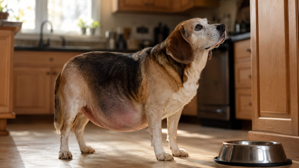 older beagle with a rounded belly standing near a water bowl