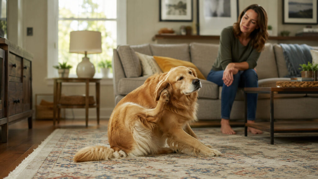 dog scratching an itch at home