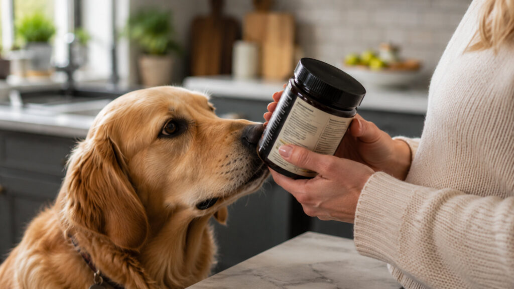 owner examining a supplement label while their dog sniffs curiously