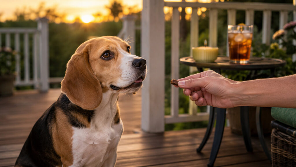 Owner giving a dog a chew on a summer porch at dusk