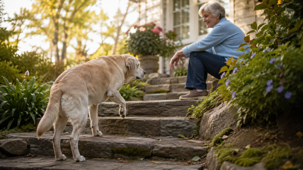 senior dog slowing down on the stairs