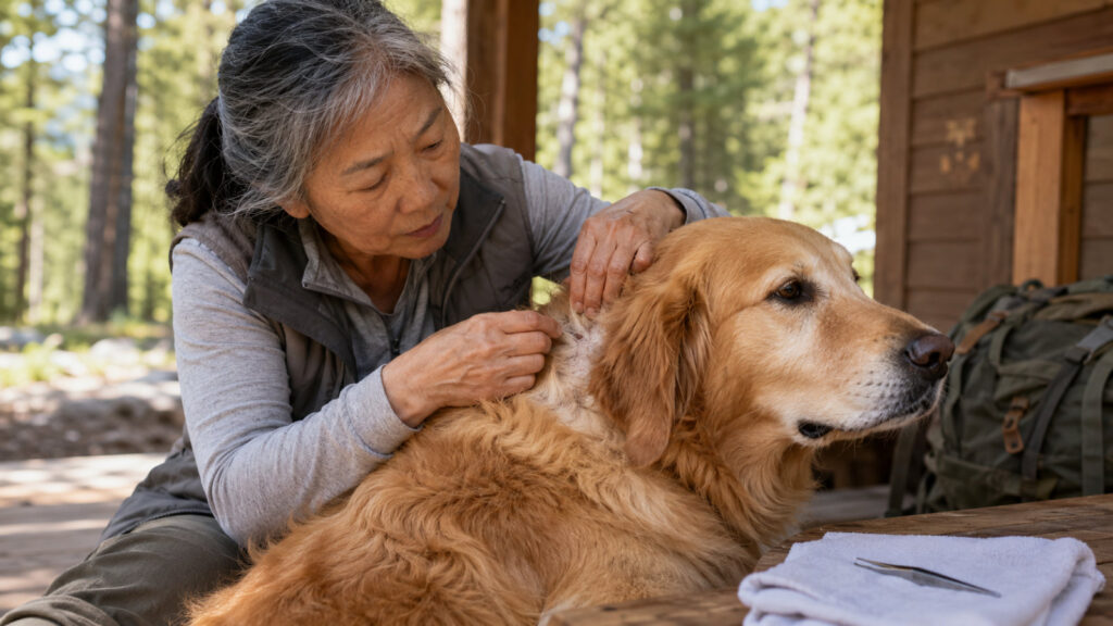 owner parting a dog's fur to check the skin