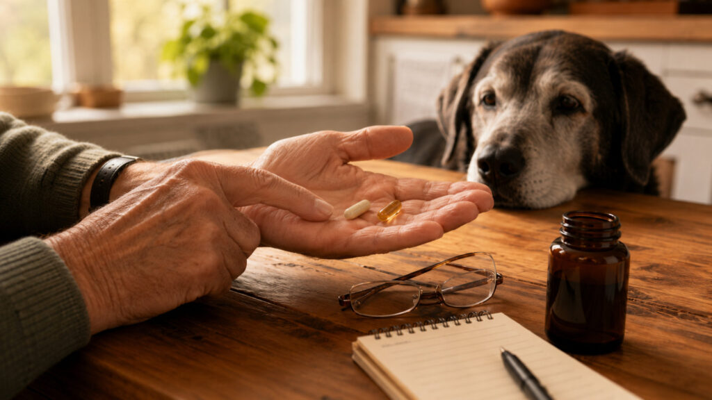 Owner comparing supplement capsules while their senior dog watches