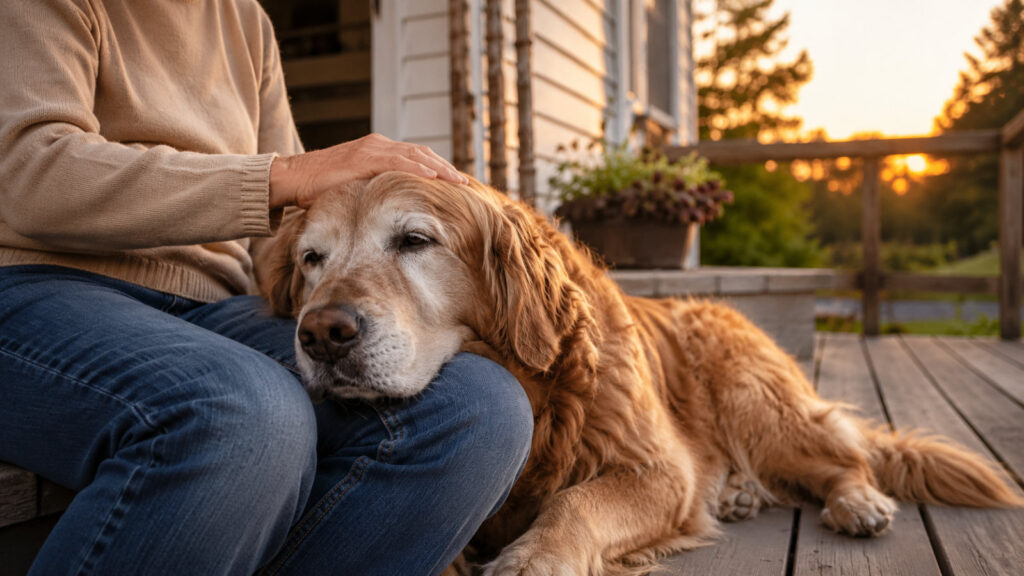 senior dog resting with its owner