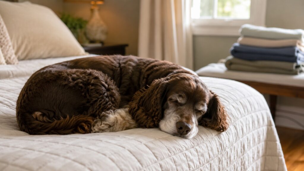 Senior dog sleeping on a washable bed cover