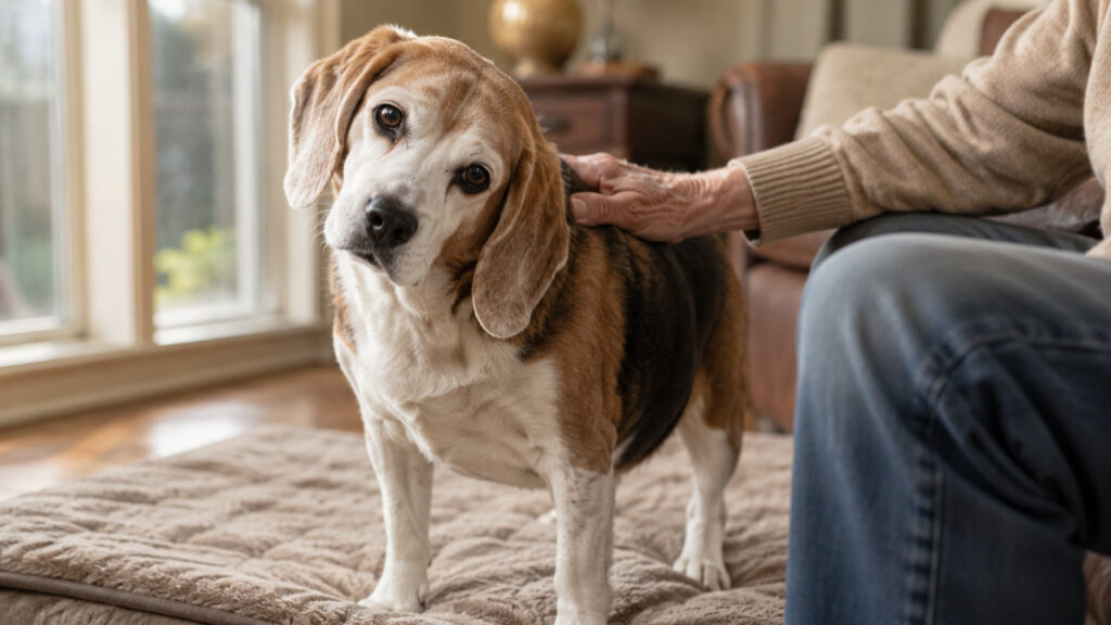 older dog with a gentle head tilt standing on a rug