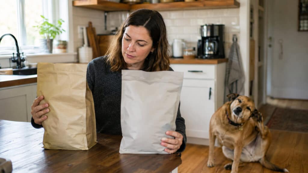 owner comparing dog food options while their itchy dog scratches nearby