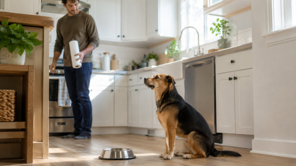 calm dog sitting near its food bowl in a kitchen