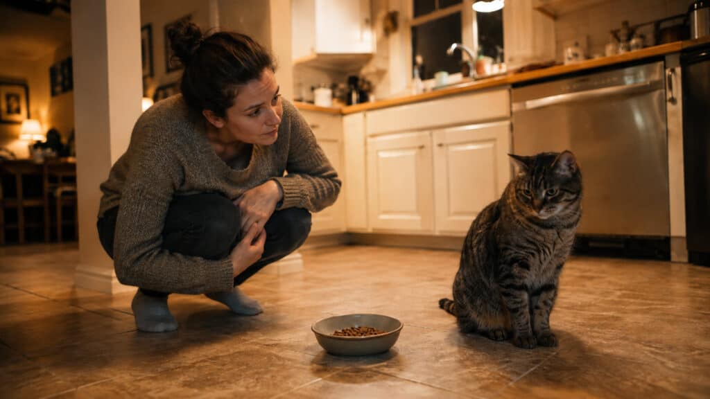 owner beside a cat that is ignoring its full food dish