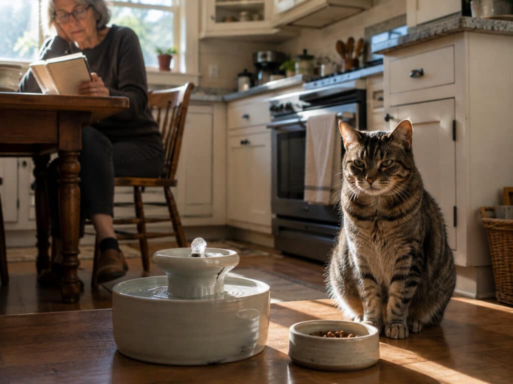 senior cat beside its water fountain and food dish while the owner reads notes