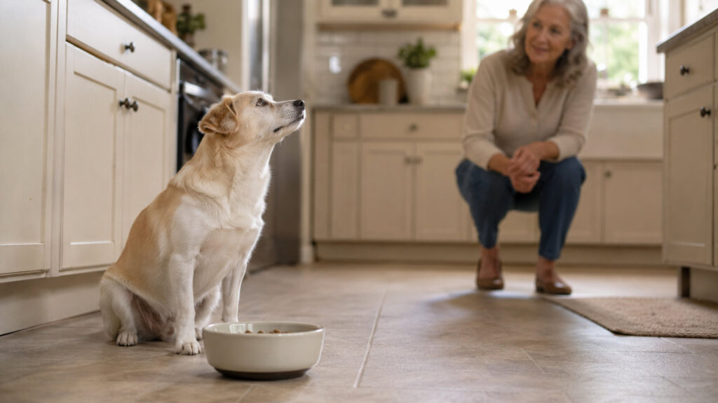 dog looking up beside its food bowl