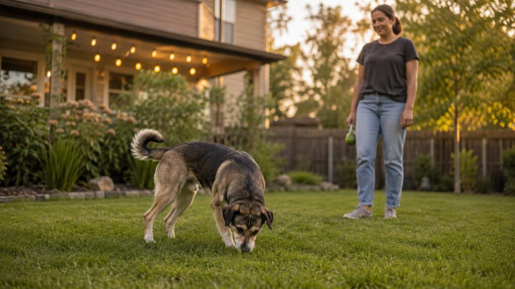 dog circling and sniffing in a grassy yard