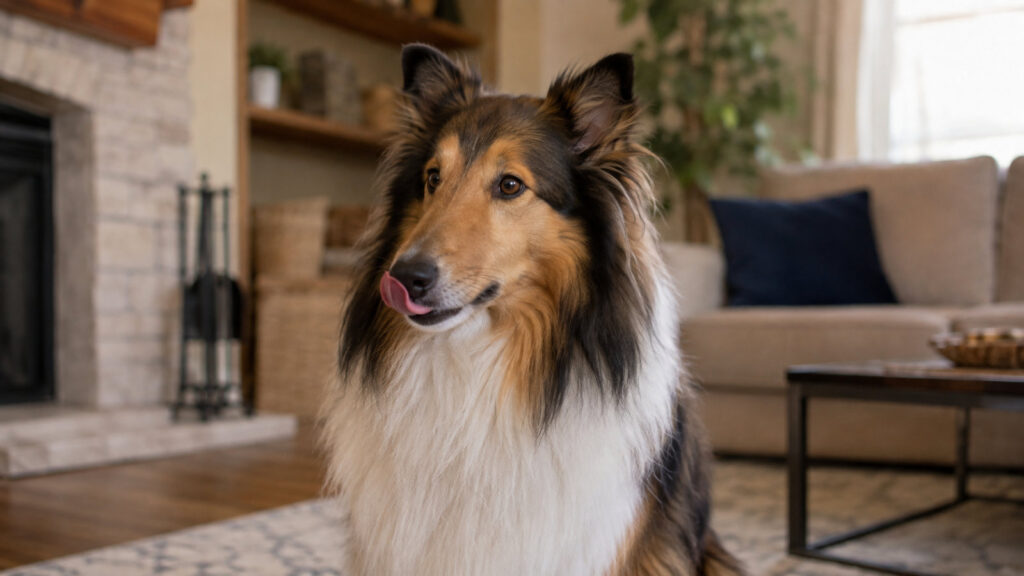 dog licking its lips while sitting indoors