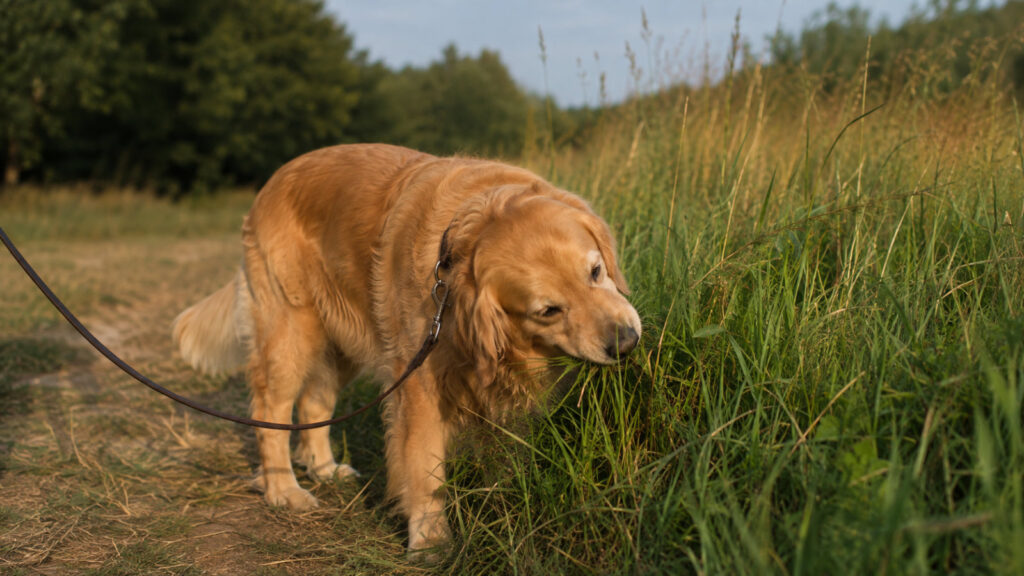 dog casually nibbling grass at a meadow edge