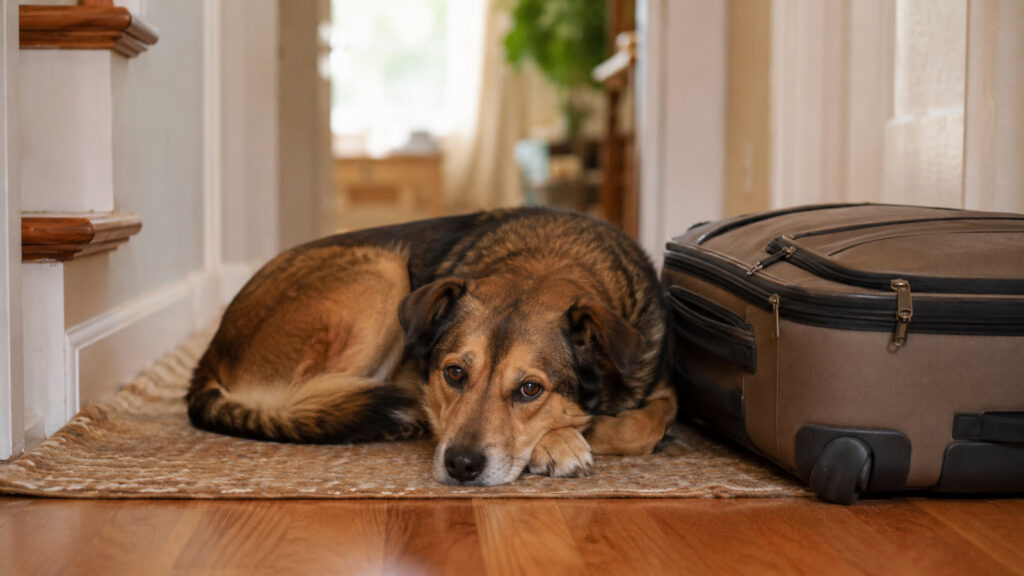 dog resting beside a suitcase after returning home