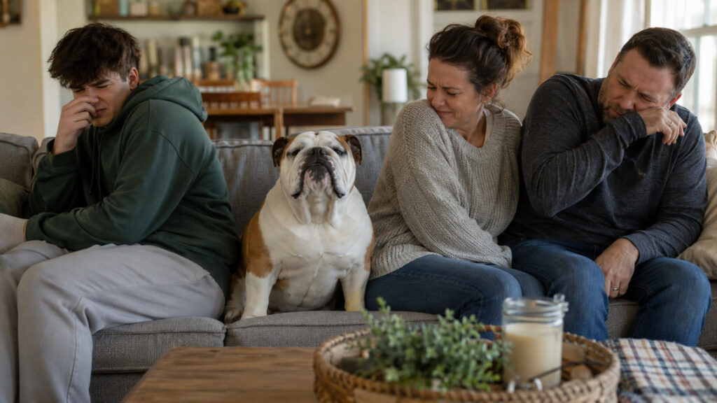 family on a couch leaning away from a serene bulldog