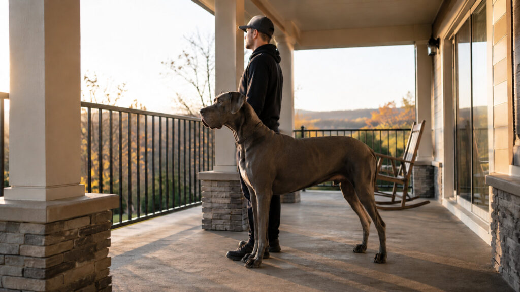 great dane standing beside its owner on a porch