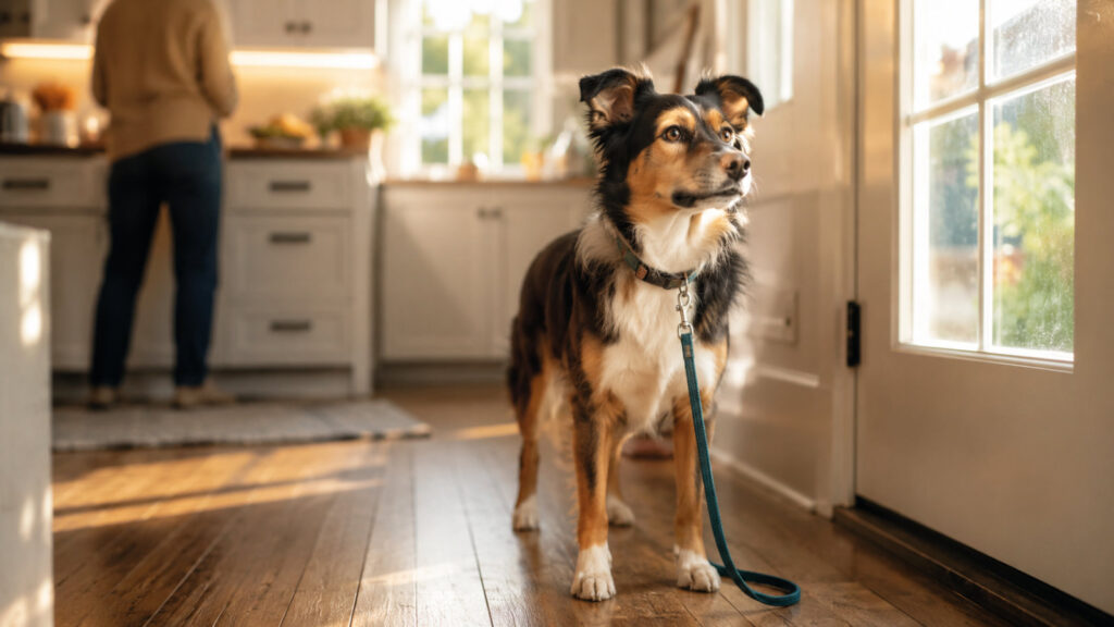 alert happy dog waiting by the door at home