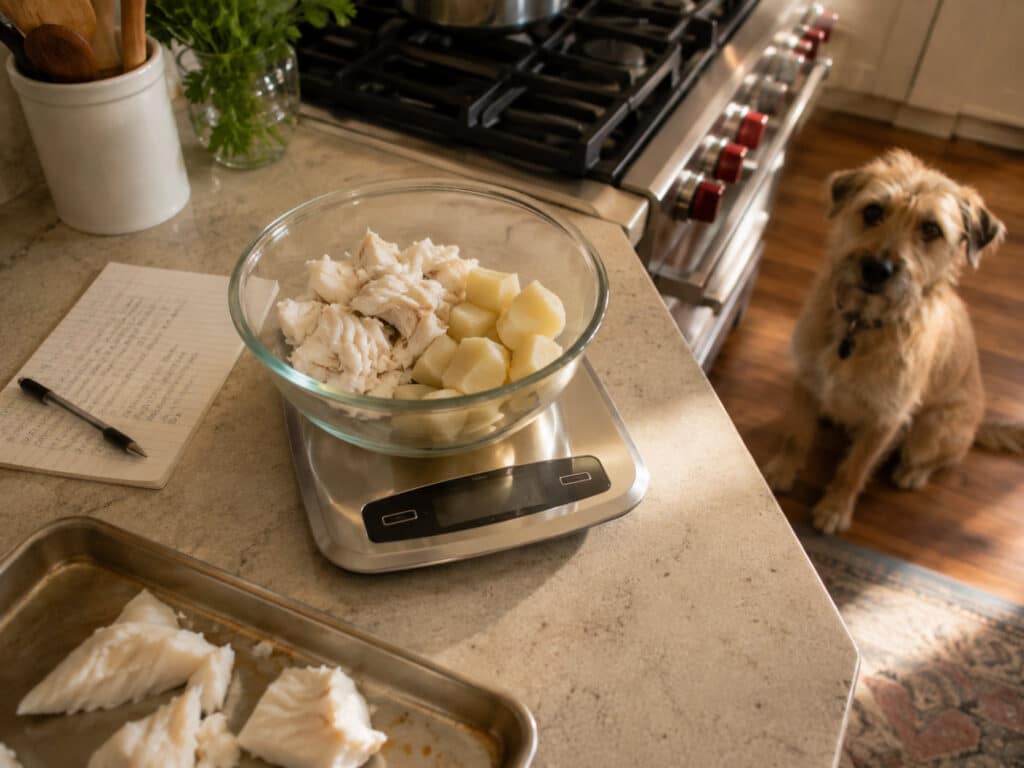 owner weighing a simple home-cooked meal for their allergic dog on a gram scale