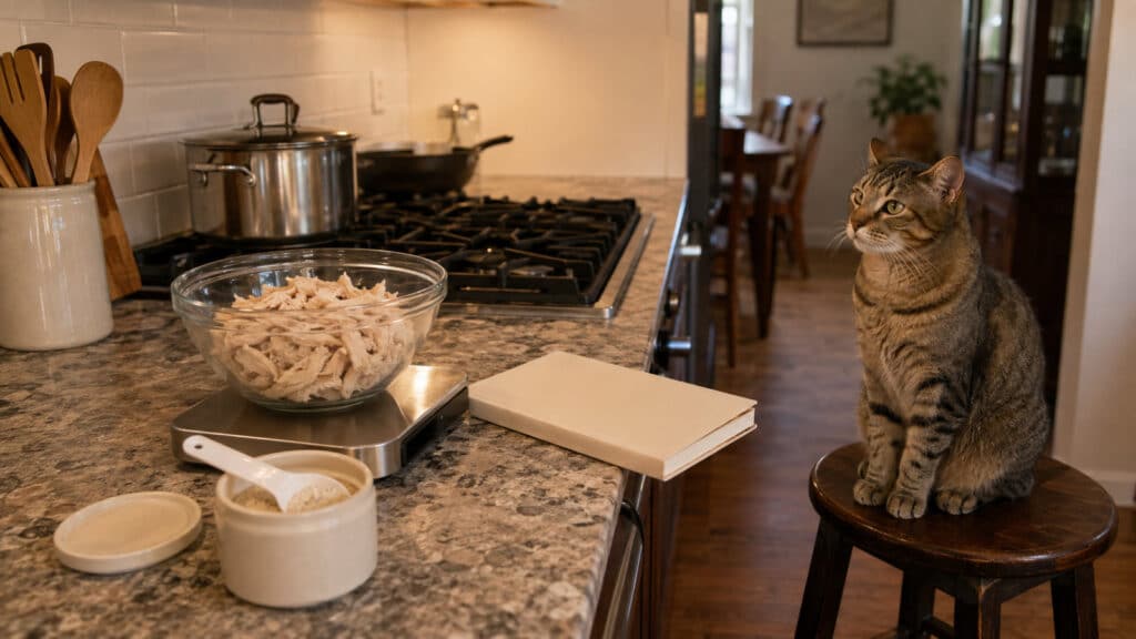 owner weighing home-cooked cat food beside a supplement pot while their cat watches