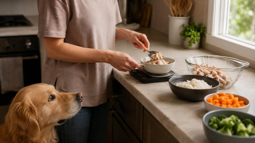 home-cooked ingredients weighed on a gram scale for a dog kidney diet
