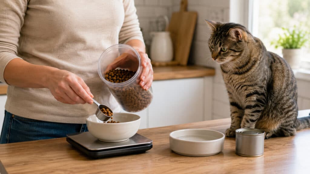owner weighing cat food on a kitchen scale beside their cat