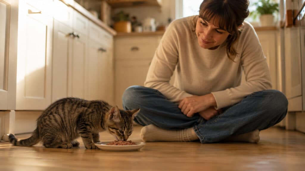 young kitten eating wet food from a shallow dish while its owner watches