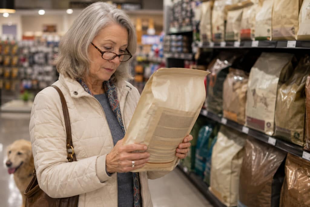 dog owner reading the fine print on a dog food bag in a store aisle