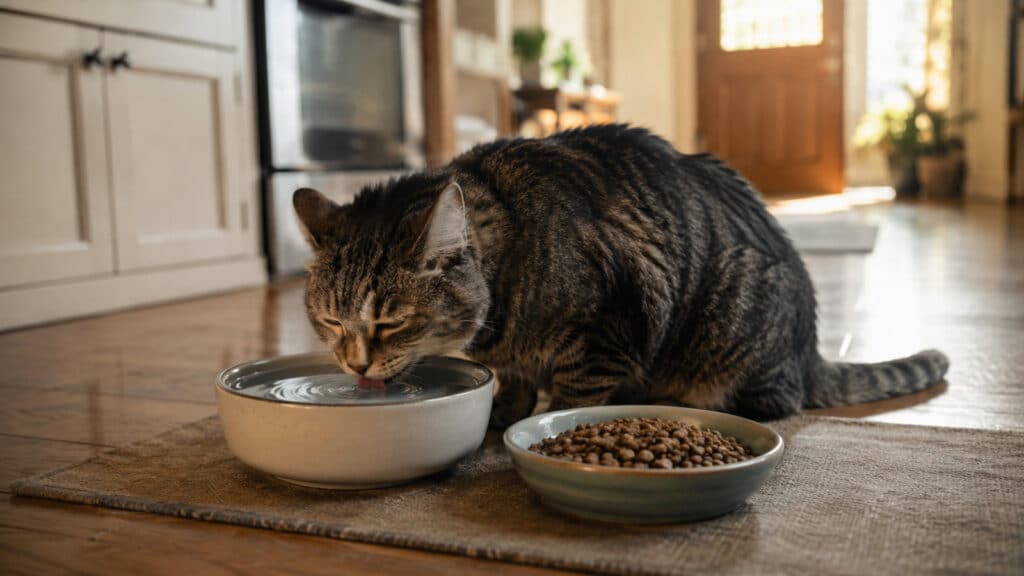 older cat drinking water beside a full food dish in a warm kitchen