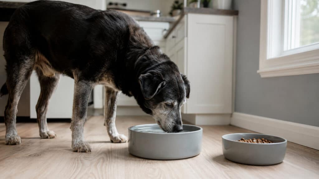 older dog with fresh water and a measured meal for kidney support
