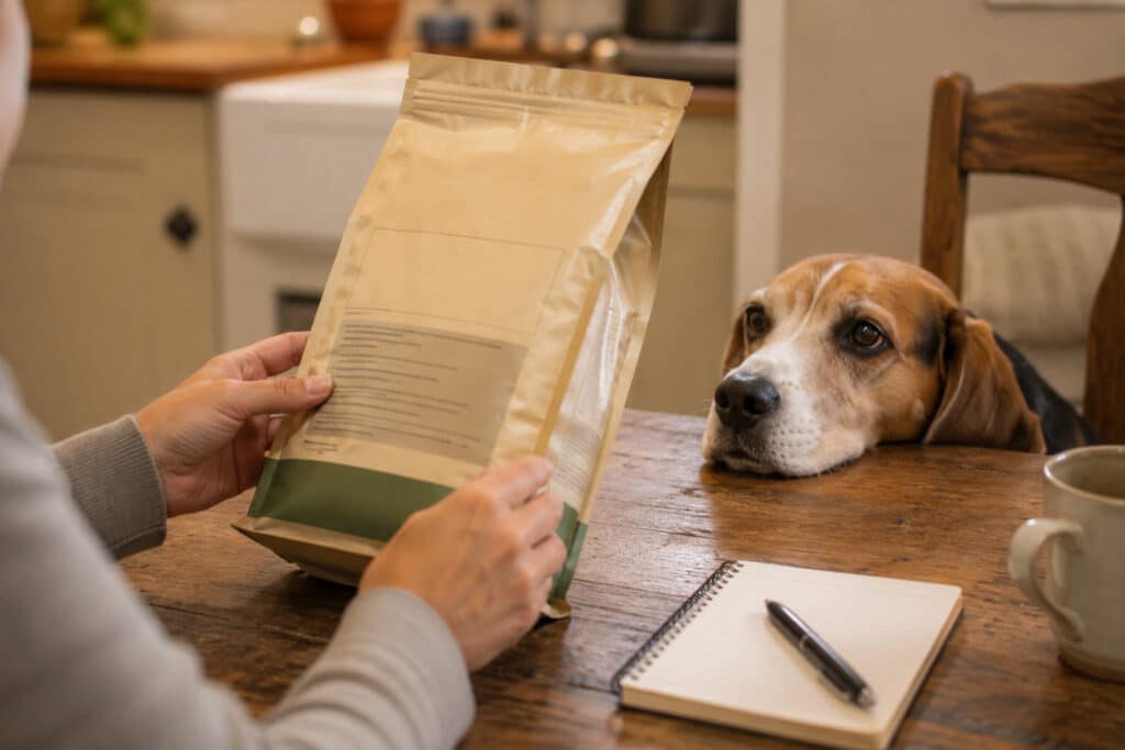 owner checking a short ingredient list against notes while their dog watches