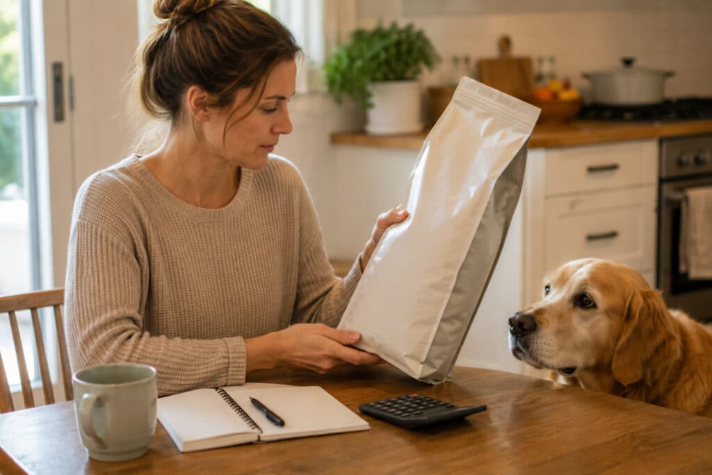 checking a dog food label fat content with the per-calorie math