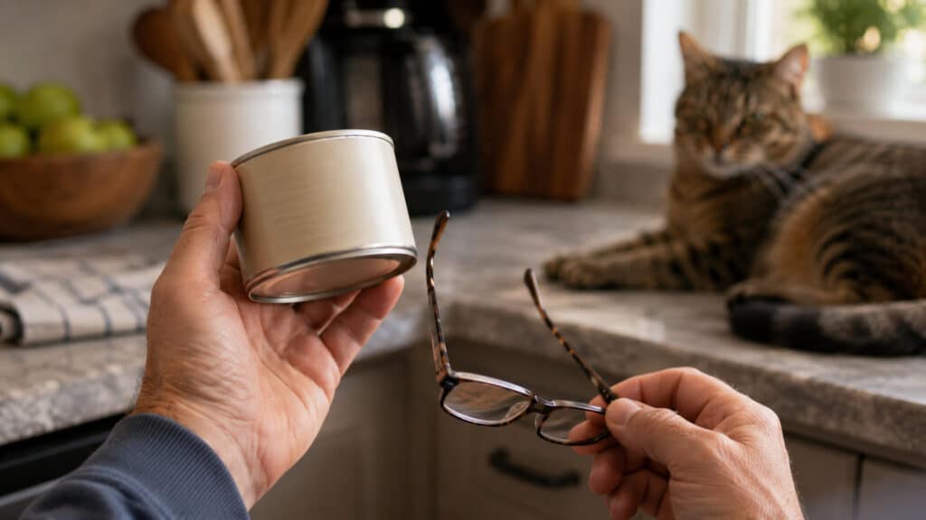 owner checking the information panel of a cat food can while their cat rests nearby
