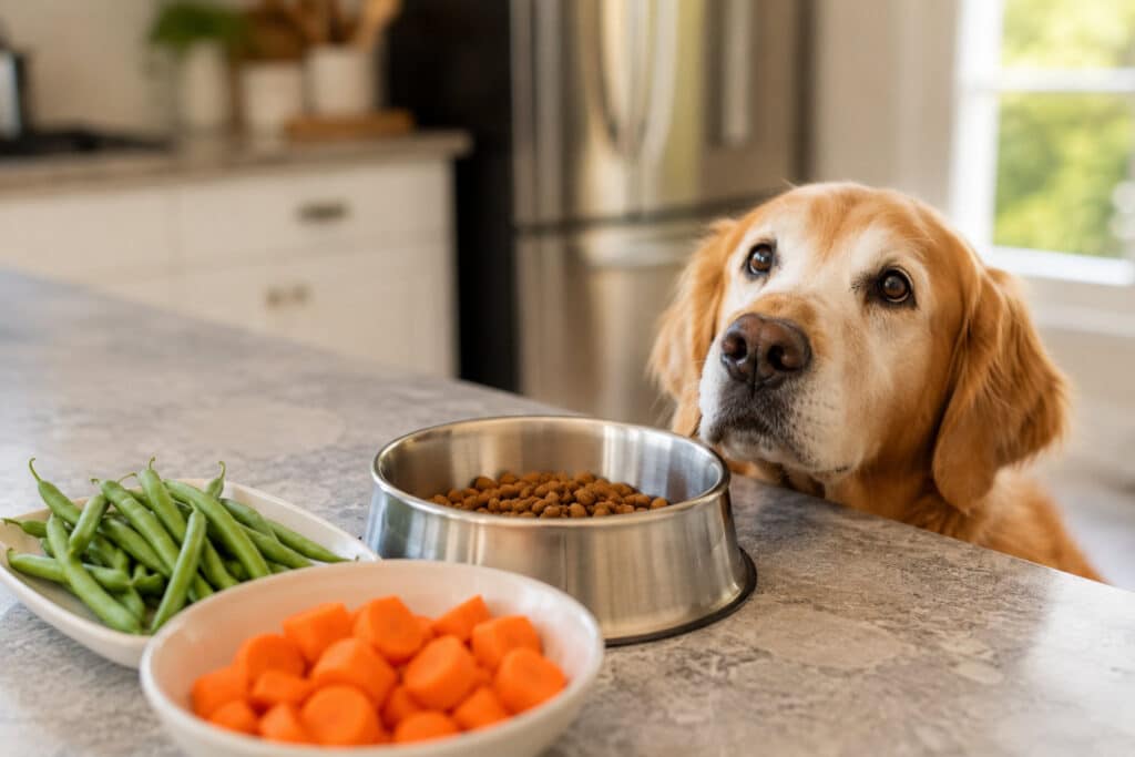low-sodium meal with fresh vegetable treats prepared for a senior dog