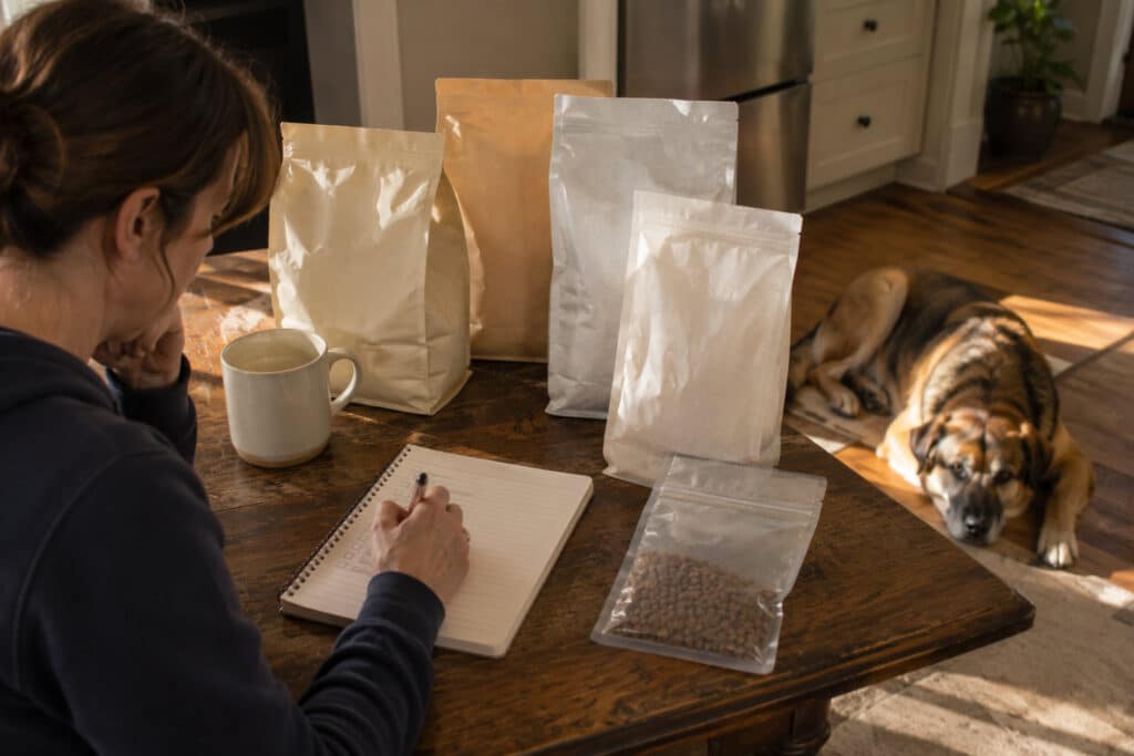 owner listing every food their dog has eaten while the dog rests nearby