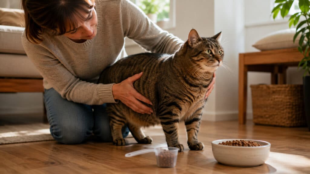 owner feeling an overweight cat's ribs at home beside a measured food portion