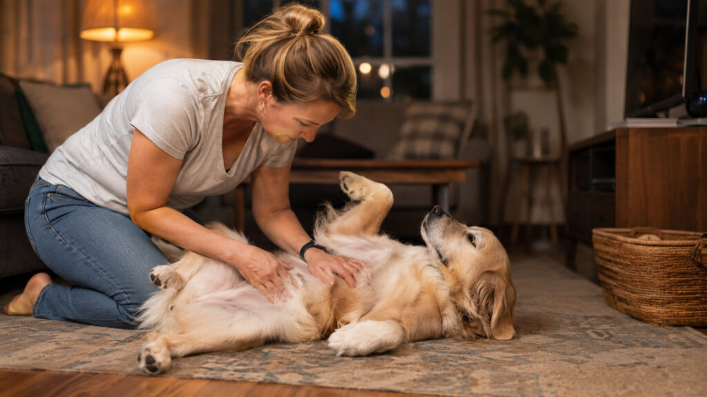 owner checking a large dog's belly at home