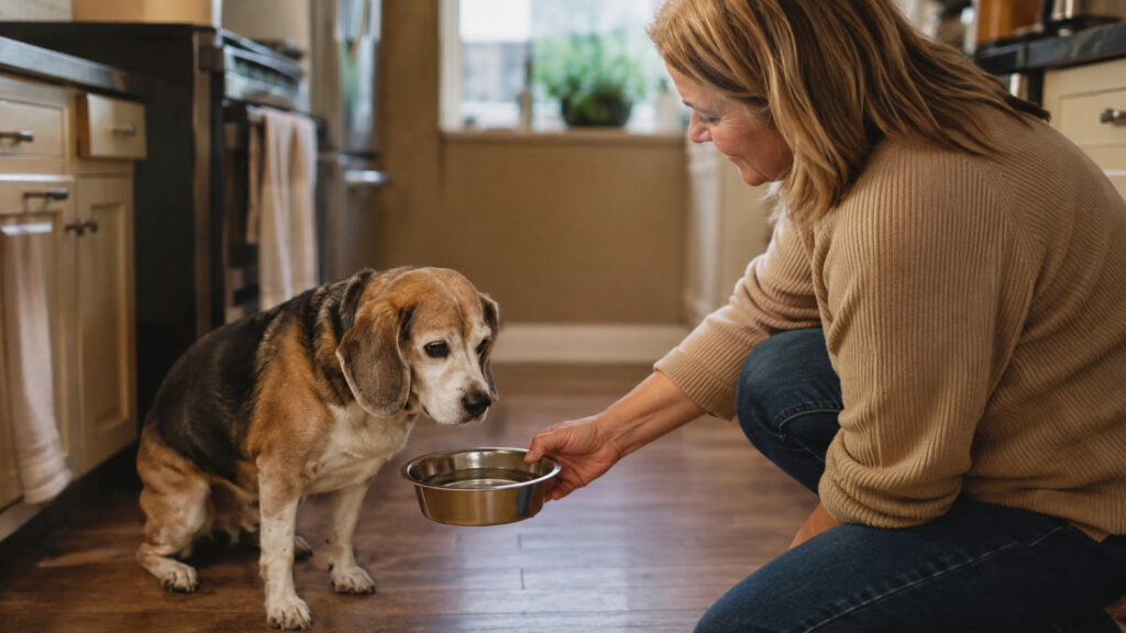 owner offering a water bowl to a hesitant dog