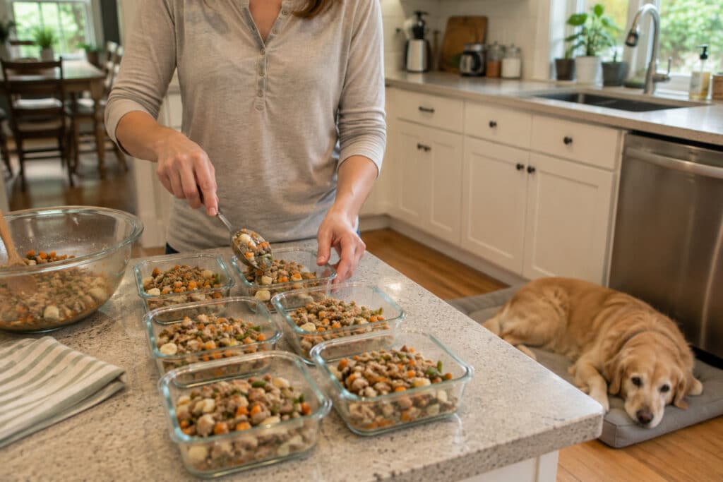 small frequent low-fat meals portioned out for a dog recovering from pancreatitis