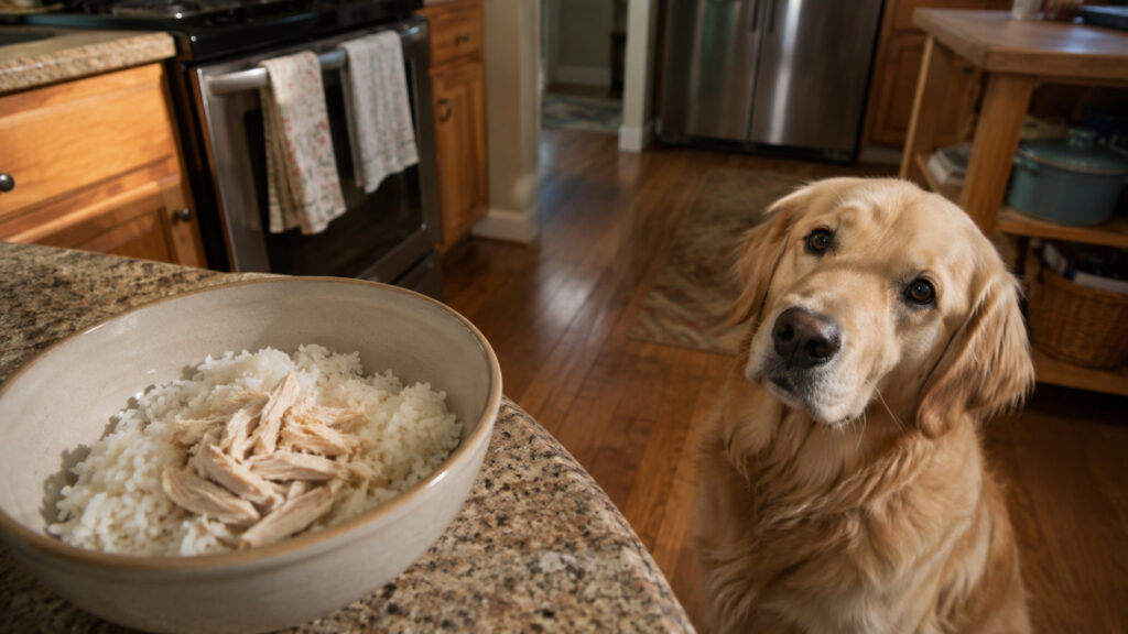 bowl of plain chicken and rice prepared for a dog
